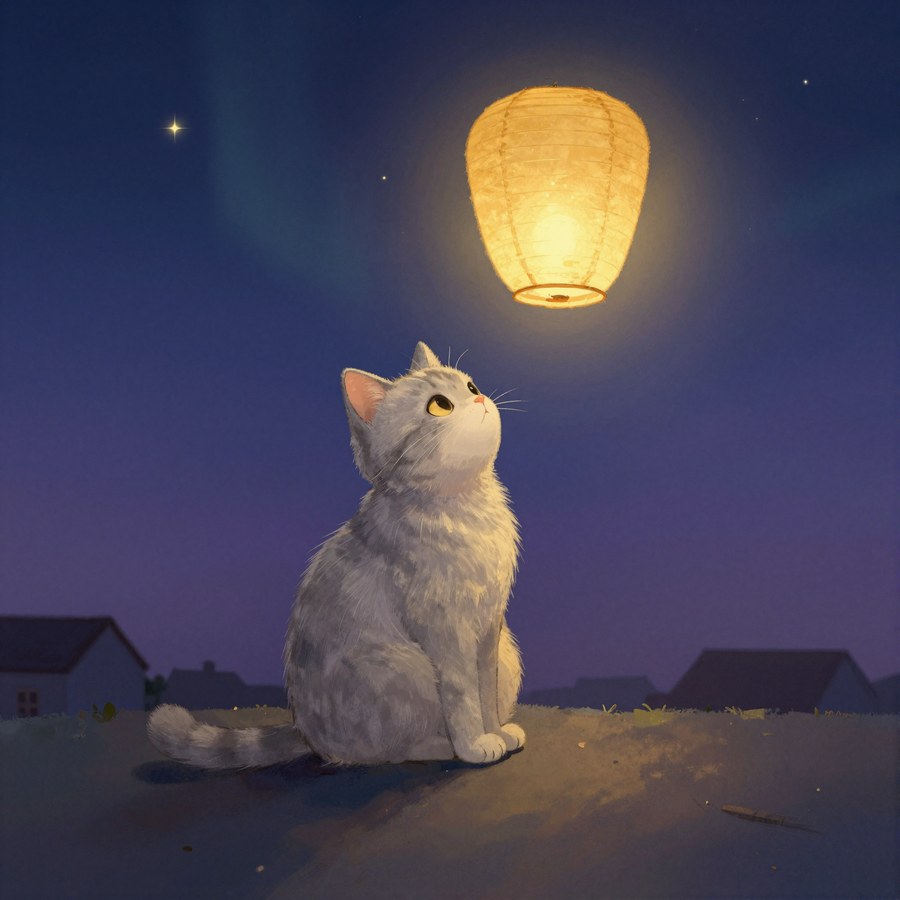 Illustration im Stil des Buches: eine silbergraue Katze blickt bei Nacht zu einer leuchtenden Laterne empor.